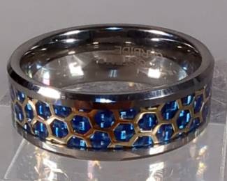 Tungsten Honeycomb Cut-out Over Abalone Inlay Beveled Edge – 8mm - Size 10.5