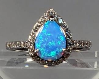 Blue Opal Tear Drop Ring - 925 Silver, Size 7.5