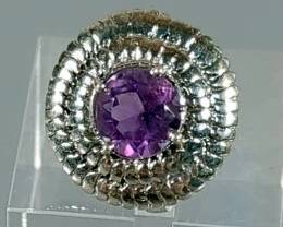 Round Cut Faceted Amethyst Ring - 925 Silver, Size 8