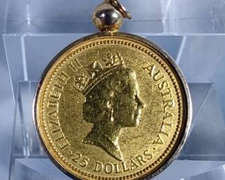 1991 The Australian Nugget 25 Dollar 1/4 OZ Gold Coin Mounted in Gold Pendant Bezel