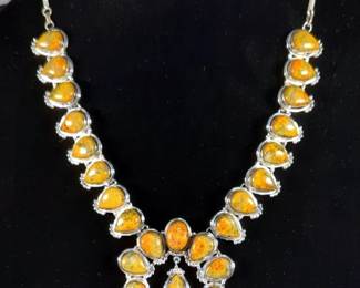 Natural Bumble Bee Jasper Squash Blossom Necklace, 24 Stones