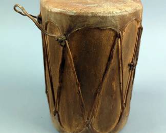 Native American Rawhide And Wood Drum - 8.25" Tall - 5.75" Diameter