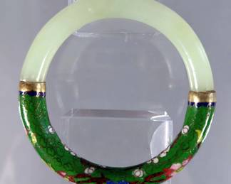 Cloisonne And Jade Floral Bangle Bracelet