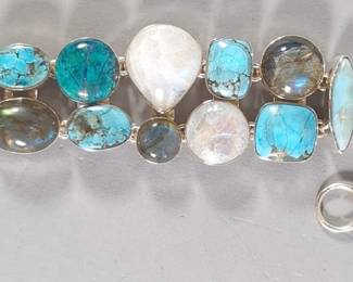 Sterling Silver Chunky Multi-Stone Bracelet With Turquoise, Labradorite, Moonstone And Larimar