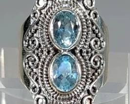 Oval Cut Multi Faceted Two Stone Blue Topaz Ring - 925 Silver, Size 7
