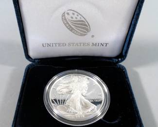 2019 American Eagle One Ounce Silver Poof Coin In Capsule With Certificate Of Authenticity, Display Case and Storage Box