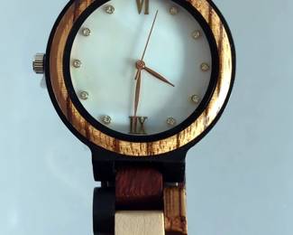 Mixed Wood Wrist Watch With Opalescent Shell Watch Face