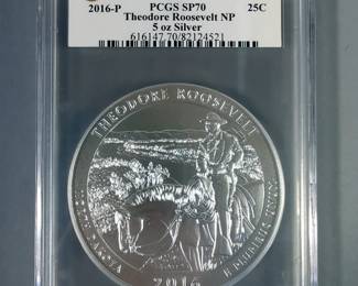 PCGS First Day of Issue National Park Series- South Dakota - 2016 P - 5 Ounce Silver 25C Theodore Roosevelt National Park SP70