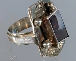 Handmade Sterling Silver Signature Statement Ring By Navajo Artist Travis Tutt - Unkown Gemstone With Multiple Artist Marks on Face - Size 9
