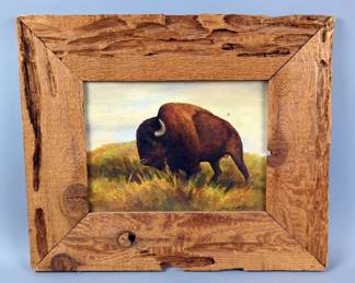Doris Scott Nelson Framed Oil On Board Painting Of Roaming Buffalo, Circa 1973 - Painting Measures 12" x 9" - Frame Measures 19.5" x 16.25"