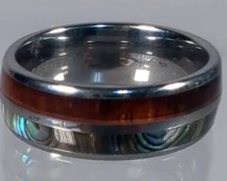 Tungsten Abalone And Wood Inlay Ring - Size 10
