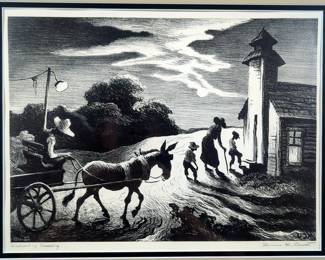 Thomas Hart Benton (American, 1889-1975) 'Prayer Meeting' Lithograph, Pencil Signed Lower Right, Framed Double Matted, Under Glass - 20.75" x 24.75"
