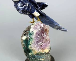 Carved Stone Parrot On Amethyst Geode, 6.5"