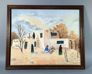 Unknown Artist Native American Adobe Scene, Oil On Canvas, Framed