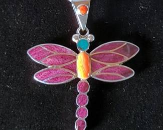 Handmade Peruvian Dragonfly Pendant With 20" Sterling Silver Chain And Earrings, 950 Silver And Natural Stones