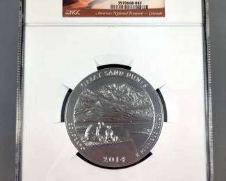 NGC Americas National Treasures - Colorado - 2014 P - 5 Ounce Silver 25C Great Sand Dunes Early Releases SP70