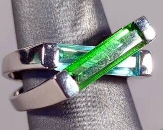 4 Carat Blue and Green Mt. St. Helens Helenite Floating Crossover Sterling Silver Ring - Size 7