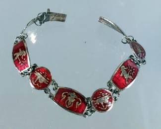 Vintage Siam Sterling Silver And Red Enamel Hinged Panel Bracelet