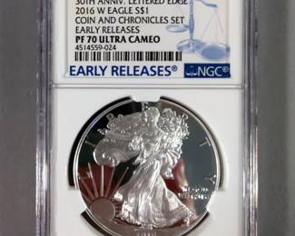 30th Anniversary Lettered Edge 2016 W American Eagle One Ounce Silver Coin, NGC PF70 Ultra Cameo