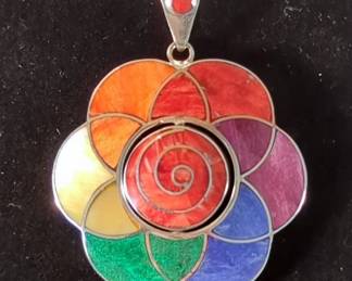 Handmade Peruvian Floral Pendant With Rotating Center - Inlaid Mother Of Pearl, Shells, Nacar And Chrysocolla - 950 Silver With 20" Sterling Silver Chain