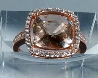 2.5 Carat Peach Morganite Sterling Silver Ring/Rose Gold Plating with 40 CZ Stones - Size 7