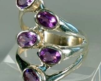 Faceted Four Stone Amethyst Ring - 925 Silver, Size 8