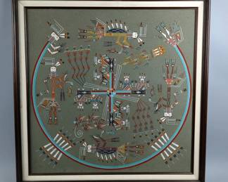Vintage Native American Sand Art By Lee Whirling - "Whirling Log" - Frame Measures 27.25" x 27.25"