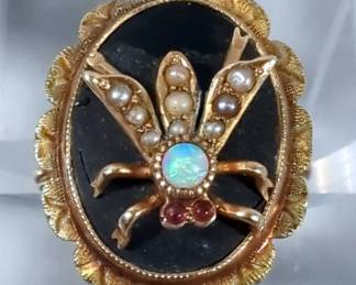 Vintage Opal Honey Bee Ring With Orginal Altman Diamond Shop Pillowed Ring Box- Size 4.75