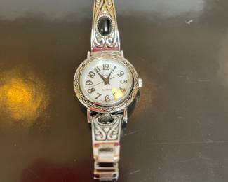  Ornate Filigree Designed and Black Stone Watch with Elegant Bezel