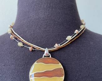 Beige and Brown Beaded Necklace with Brown and Amber Pendant