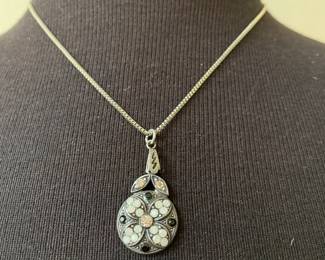  Silver Necklace with Floral Opalescent Stones and Black Accented Pendant