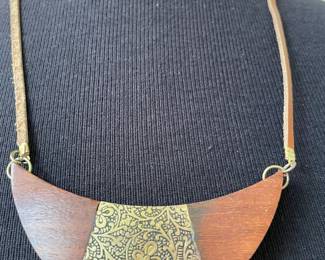 Rustic Halfmoonshaped Wooden Pendant Leather Necklace with goldtoned metal inlay