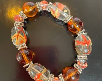  Autumn Oval Amber, Red and Yellow Beaded Bracelet