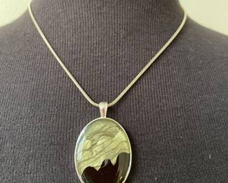 Silver Necklace with Marbled Green and Black Pendant