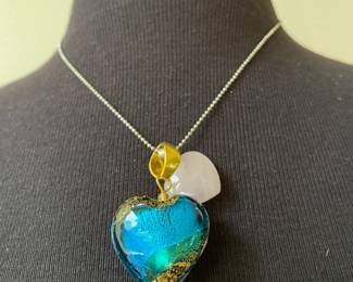  Silver Necklace with Pink and Blue Reflective Hearts