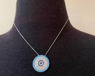  Silver Necklace with Light and Dark Blue Ringed Pendant
