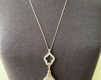 Long Silver Necklace with Teardrop Ornamental Pendant