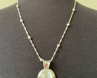  Silver Necklace with Ornate Silver Bezeled Translucent Stone  Front