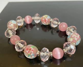  Large and Small Clear and Pink Floral Patterned Beaded Bracelet