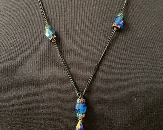 Black Chain Necklace with Blue Faceted Teardrop Pendant