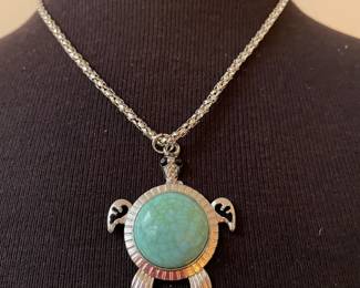  Silver Necklace with Turquoise Stone Turtle Pendant