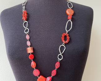 Long Vibrant Reds and Oranges Beaded Round, Square and Oval Necklace