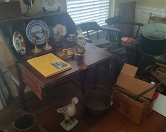 19th century slant front desk with cabriole legs and pigeonhole interior and two painted captains chairs