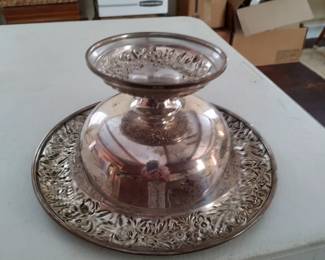 Kirk sterling silver footed centerpiece compote with repousse border and base, pre-1979, of 9 inch diameter, no monogram, labeled by maker