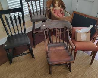 Group of several antique children's chairs and doll carriage, most in origin paint and surface