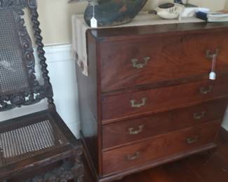 British two part campaign desk/chest with original inset brass pulls and developed interior with pigeonholes made in solid carved mahogany. Tall British made side chair with cane seat, early 18th century.  
Pair of two Mason "working decoys," a pocket painted decoy, and a painted shorebird of exceptional quality and condition.