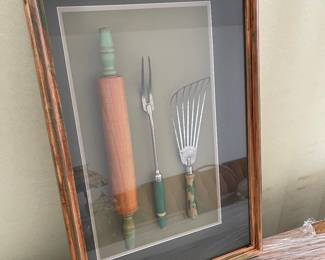Vintage framed kitchen utensil art 