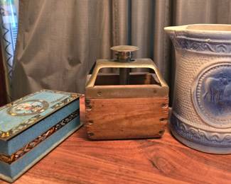 STONEWARE PITCHER, BUTTER MOLD & WOODWARDS CANDY TIN