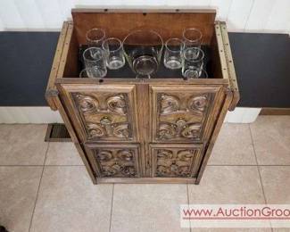 4 MCM OAK ROLLING MINI BAR with flip open top and locking doors.