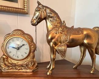 Vintage United western clock, brass horse 